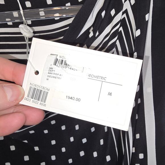 CO Collections Silk Maxi Dress Black White Geometric Handkerchief Hem Runway NWT - Picture 6 of 14